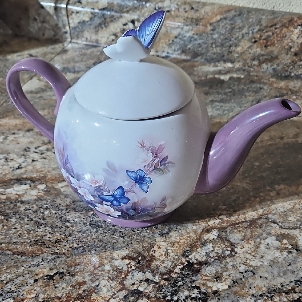 Lena Liu Purple and White Porcalen Teapot with Butterfly Design